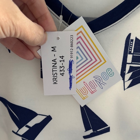 LulaRoe Kristina Nautica Sailboat Print Tank Top - White and Navy - Picture 2 of 2